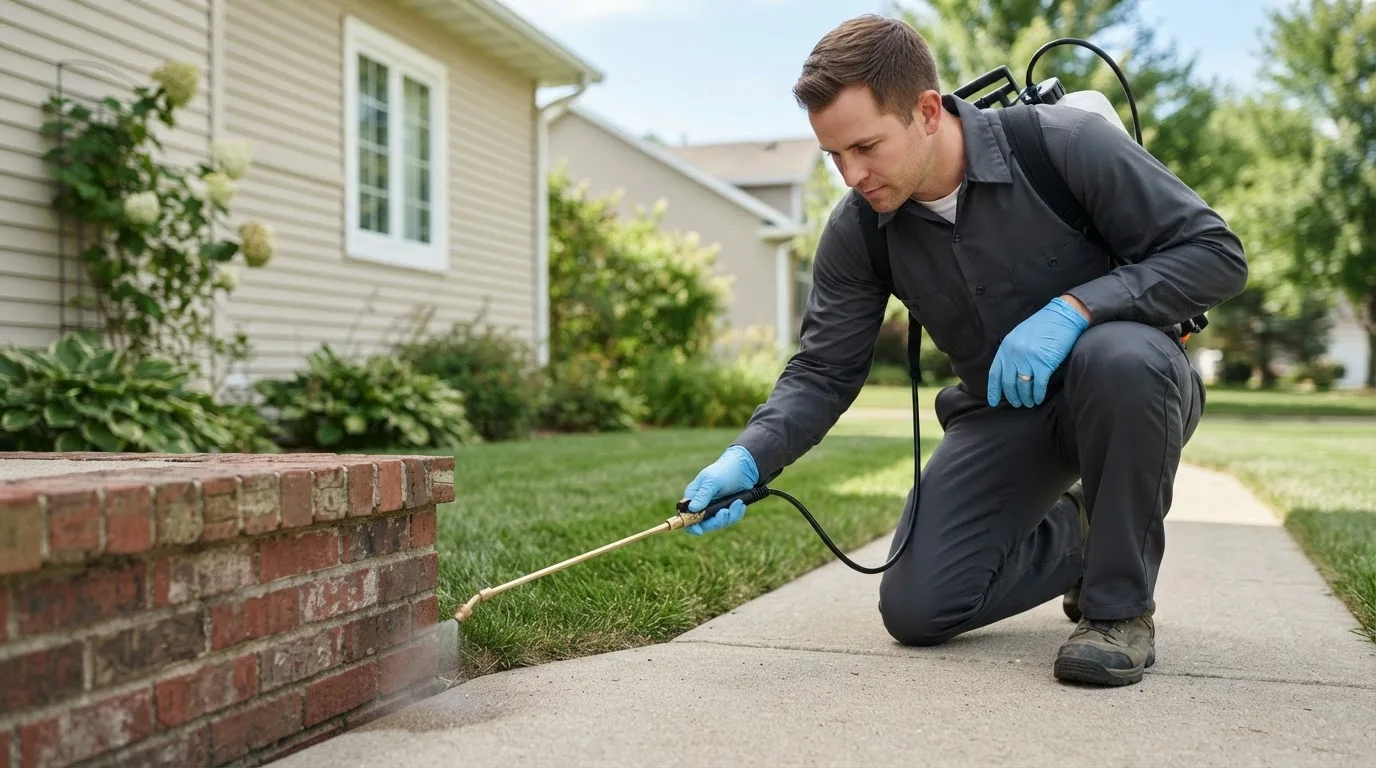 Pest control technician treating a home near Mansfield, OH